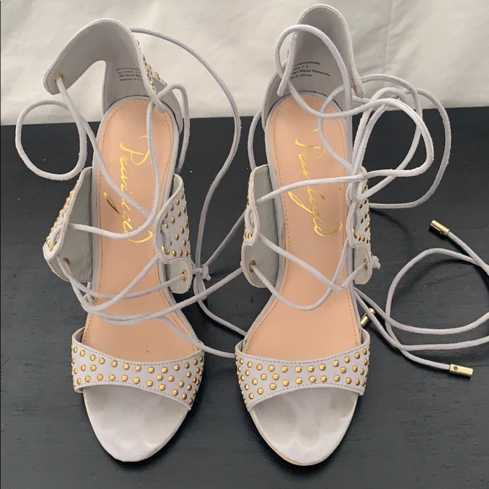 privileged grey suede lace up heels size 7.5